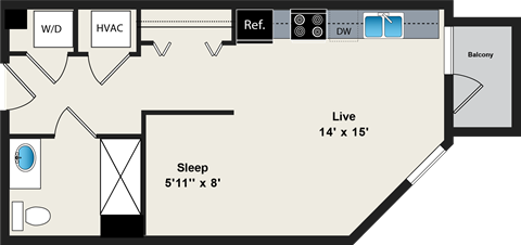 Floor plan for studio, 1 bath, 446 sqft